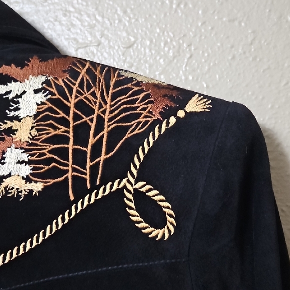 Equestrian Suede Leather Embroidered Jacket Blazer Size Medium Satin Lined Black - Picture 5 of 15